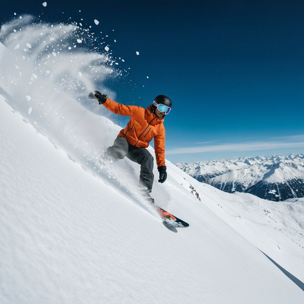 Professional snowboarder carving through powder snow
